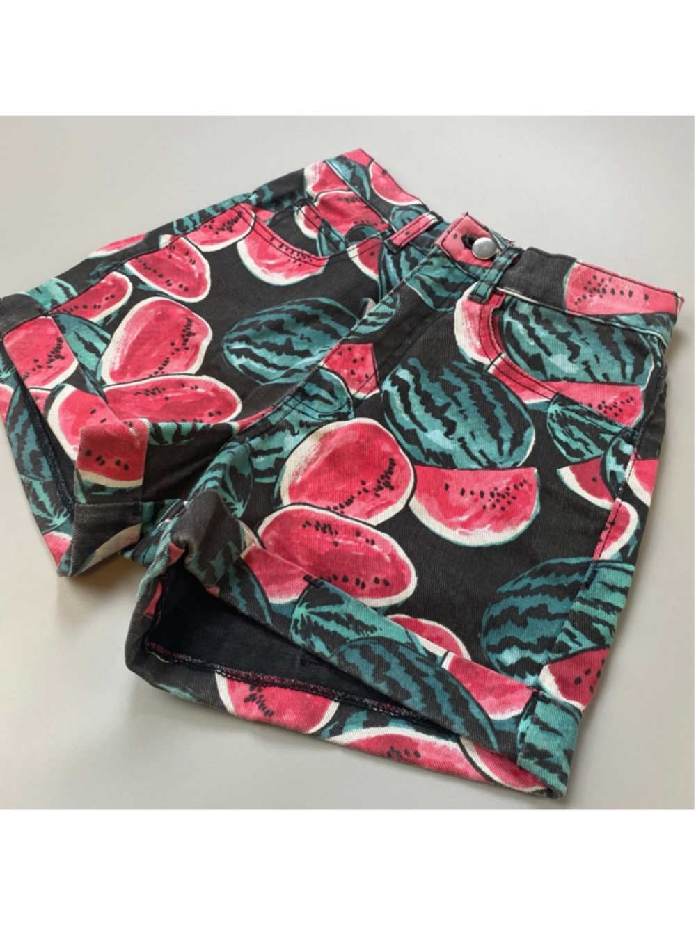 American Apparel Jean Shorts 24* Black Pink Watermelon Print Whimsical Retro USA